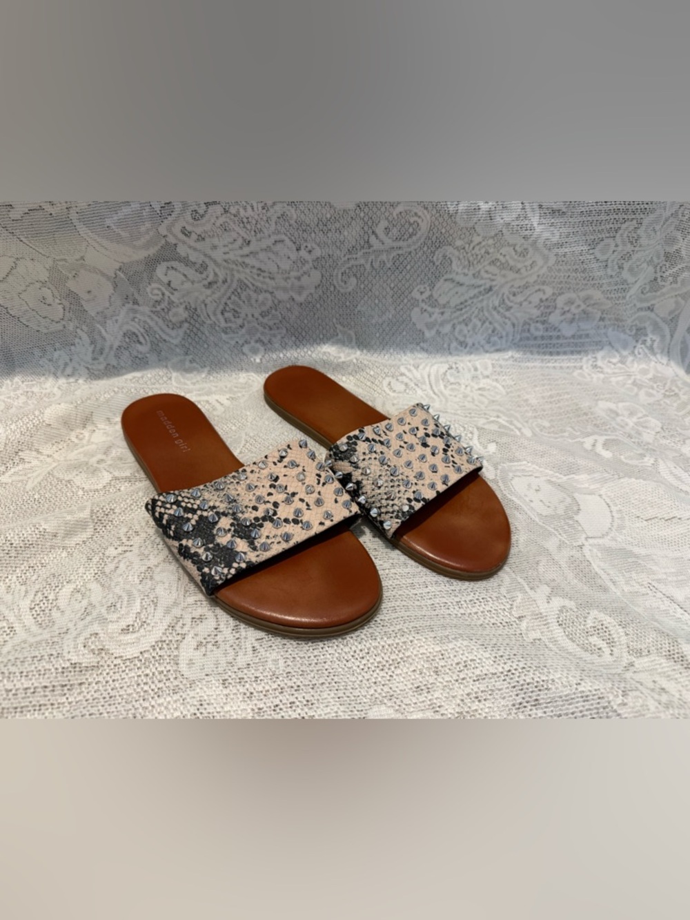 Madden Girl Brown Footbed Studded Beige Snake-Print Slide Sandals